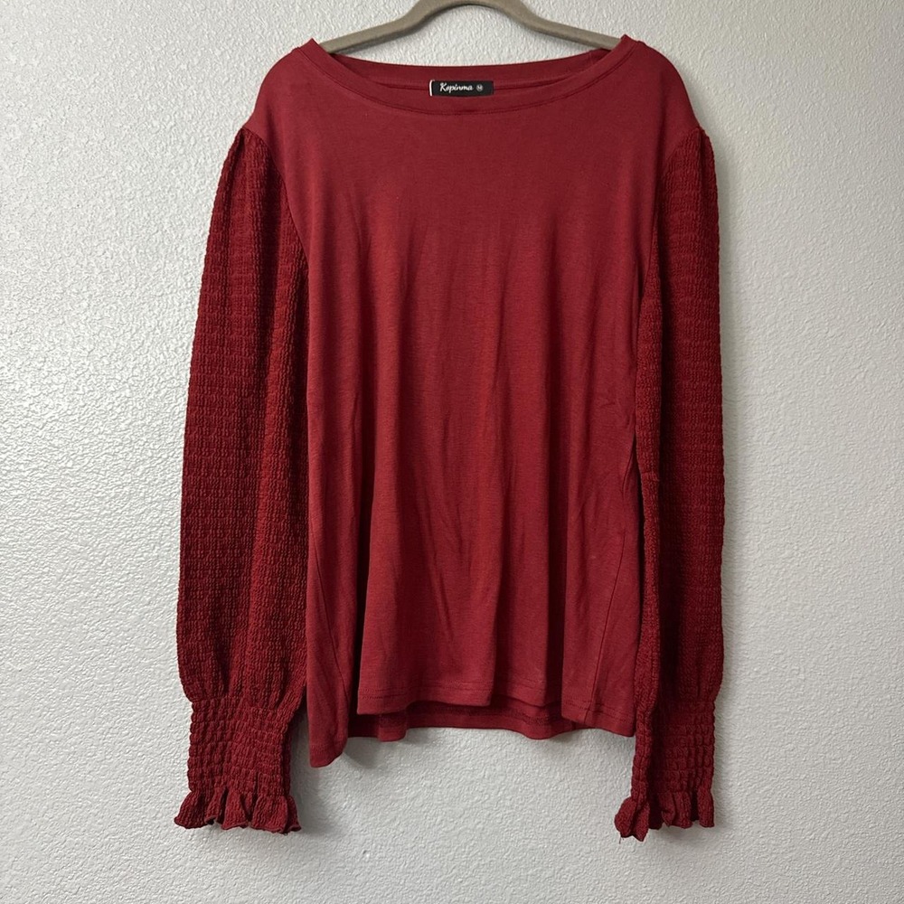Women's Burgundy Long Sleeve T-Shirt Style Blouse Top with Ruffle Hem Sleeves